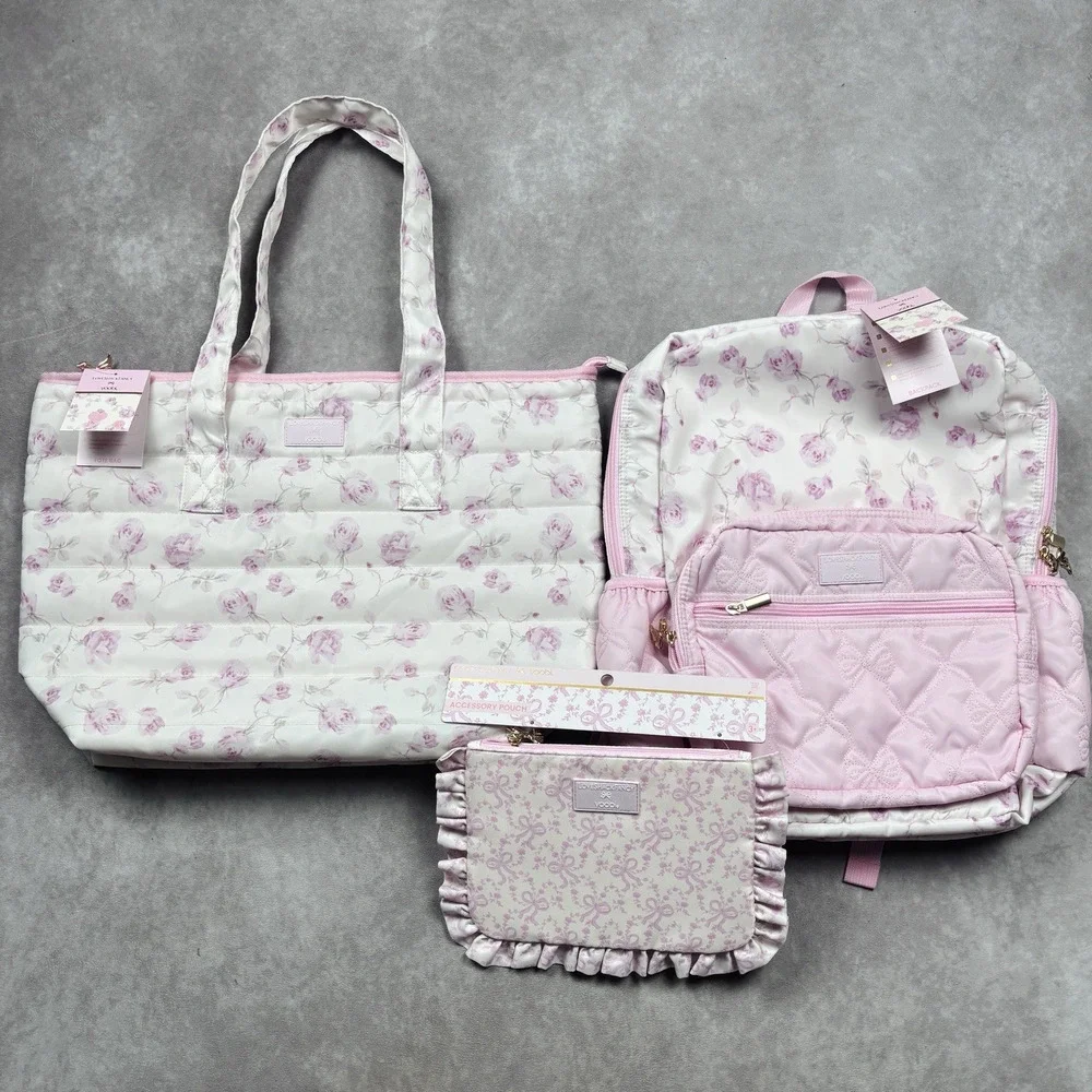 LoveShackFancy Target NWT Backpack Tote Accessory Pouch Bag Set Ribbon Rosa Pink